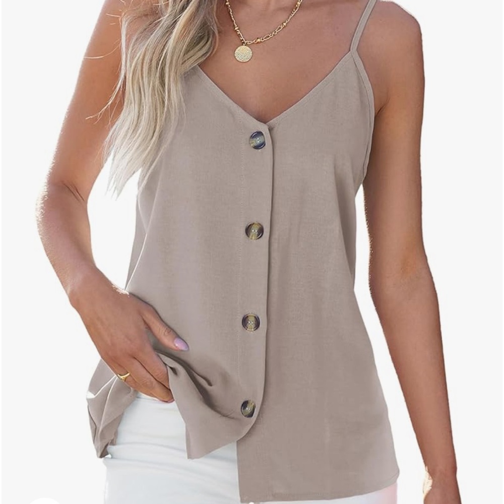 Women Button Down Tank Top Loose Casual V Neck Strappy Summer Sleeveless Shirt
